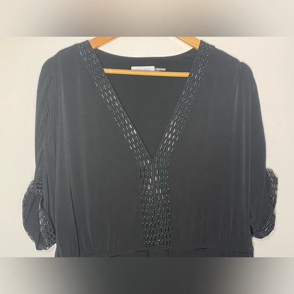 40-Calvin Klein Short Sleeve Midi Black Dress with Beading Size 12 - Picture 2 of 11